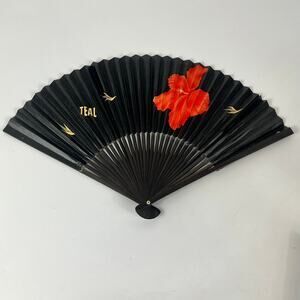 Vtg 50s Folding Hand Fan Tasman Empire Airways Limited TEAL Hibiscus Wood Black